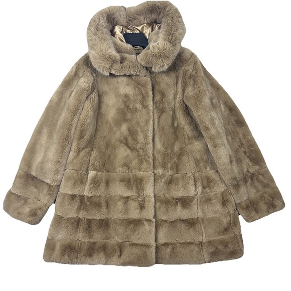 Gallery New York Womens L Hooded Faux Fur Coat Tan Plush Warm Satin Lined Jacket - Picture 4 of 16